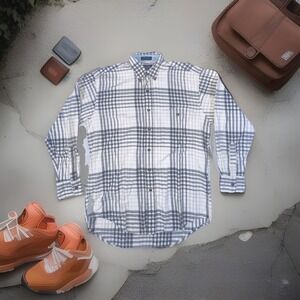 Chaps Ralph Lauren Button Down Shirt Mens Medium Gray Plaid Long Sleeve Cotton